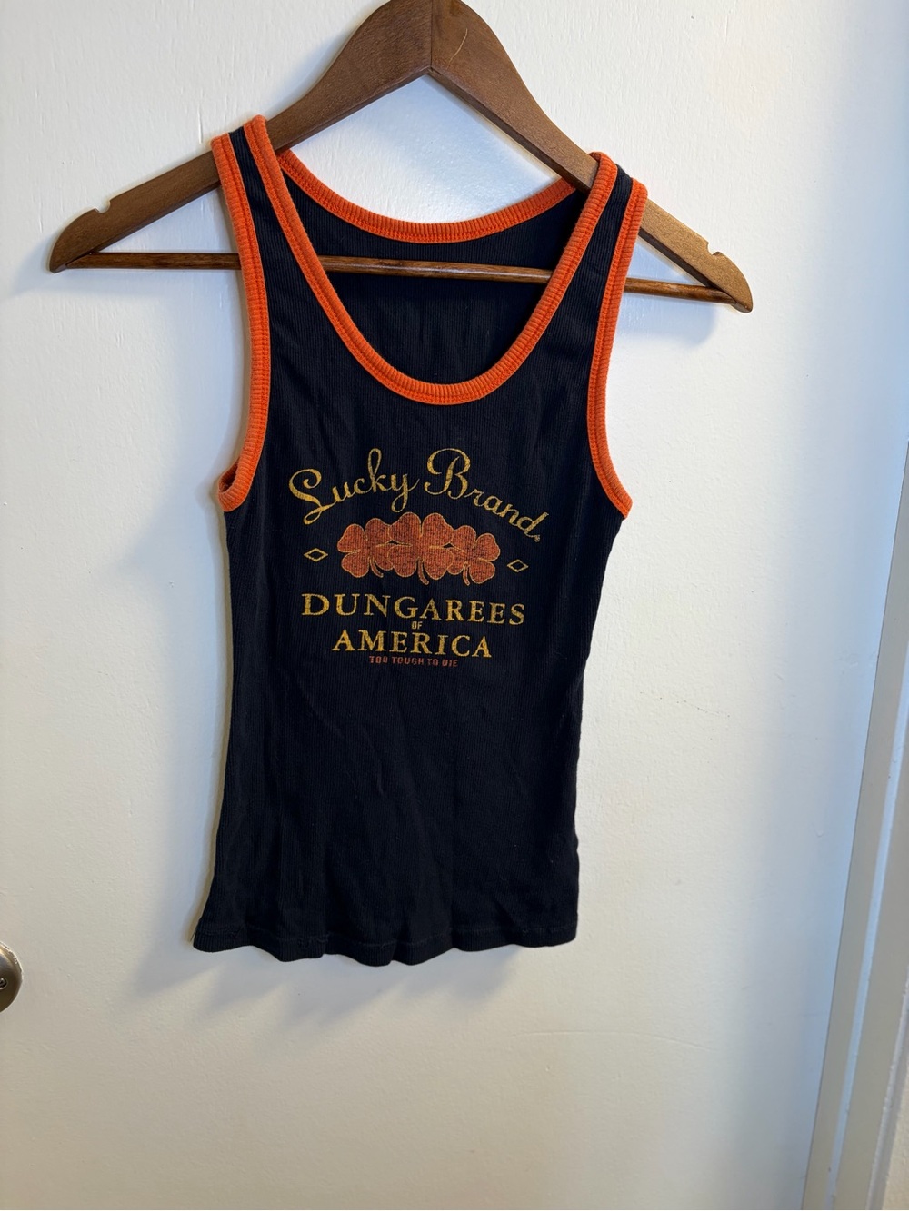 Vintage Lucky Brand Dungarees Tank Top M Black Orange USA Y2K Graphic